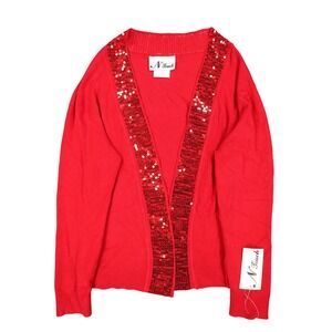 N Touch Cardigan Womens Small Red Sequin Trim Open Front Holiday Sweater NEW